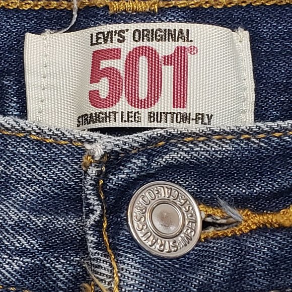 Vintage 90s Levis 501 Dark Blue Button Fly Straight Leg Rip In Knee Tag Size 34 - Picture 2 of 11